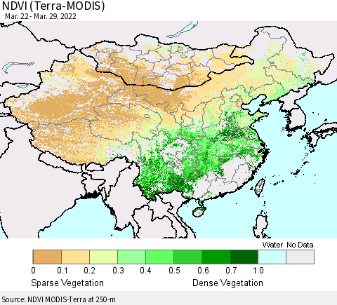 China, Mongolia and Taiwan NDVI (Terra-MODIS) Thematic Map For 3/22/2022 - 3/29/2022