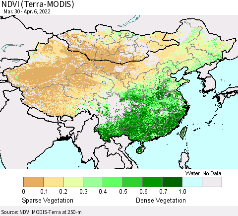 China, Mongolia and Taiwan NDVI (Terra-MODIS) Thematic Map For 3/30/2022 - 4/6/2022
