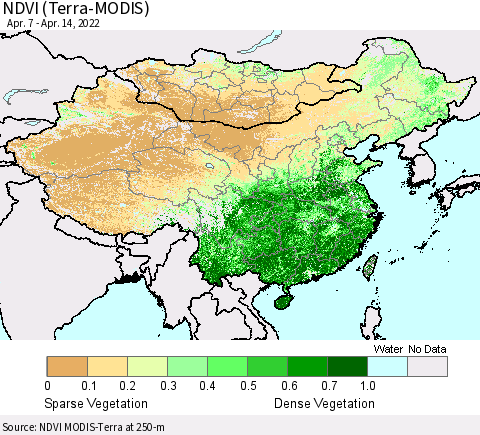 China, Mongolia and Taiwan NDVI (Terra-MODIS) Thematic Map For 4/7/2022 - 4/14/2022