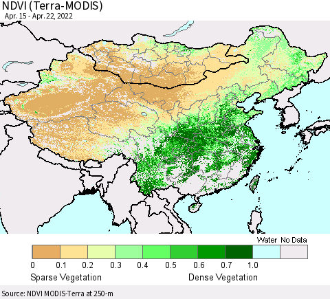 China, Mongolia and Taiwan NDVI (Terra-MODIS) Thematic Map For 4/15/2022 - 4/22/2022