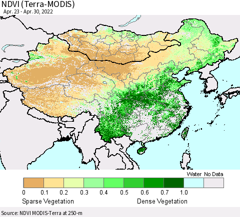 China, Mongolia and Taiwan NDVI (Terra-MODIS) Thematic Map For 4/23/2022 - 4/30/2022