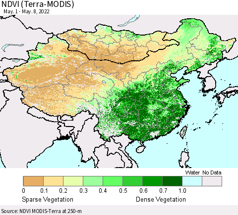 China, Mongolia and Taiwan NDVI (Terra-MODIS) Thematic Map For 5/1/2022 - 5/8/2022