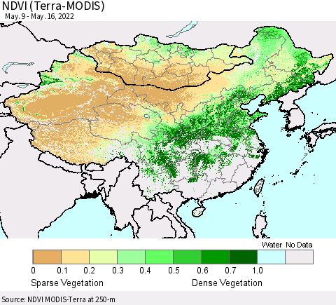 China, Mongolia and Taiwan NDVI (Terra-MODIS) Thematic Map For 5/9/2022 - 5/16/2022