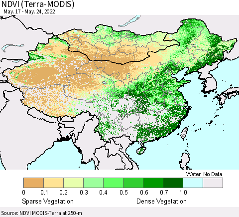 China, Mongolia and Taiwan NDVI (Terra-MODIS) Thematic Map For 5/17/2022 - 5/24/2022