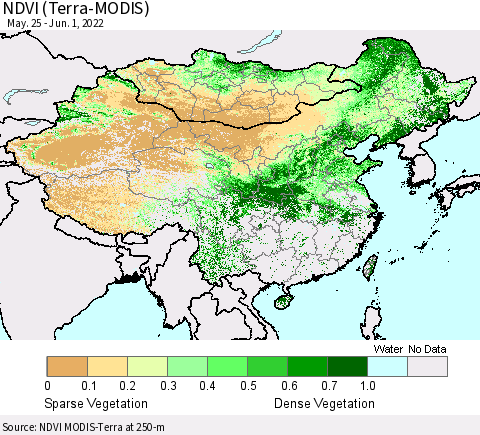 China, Mongolia and Taiwan NDVI (Terra-MODIS) Thematic Map For 5/25/2022 - 6/1/2022