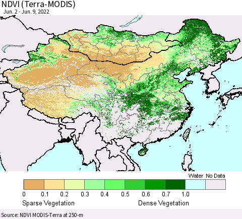 China, Mongolia and Taiwan NDVI (Terra-MODIS) Thematic Map For 6/2/2022 - 6/9/2022