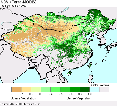 China, Mongolia and Taiwan NDVI (Terra-MODIS) Thematic Map For 6/10/2022 - 6/17/2022