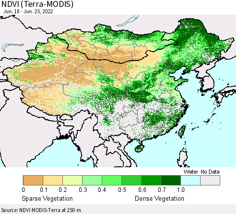 China, Mongolia and Taiwan NDVI (Terra-MODIS) Thematic Map For 6/18/2022 - 6/25/2022