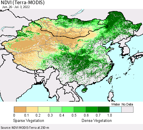 China, Mongolia and Taiwan NDVI (Terra-MODIS) Thematic Map For 6/26/2022 - 7/3/2022
