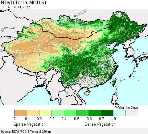 China, Mongolia and Taiwan NDVI (Terra-MODIS) Thematic Map For 7/4/2022 - 7/11/2022