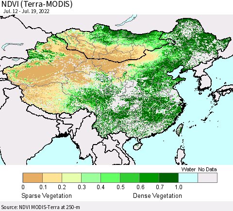 China, Mongolia and Taiwan NDVI (Terra-MODIS) Thematic Map For 7/12/2022 - 7/19/2022