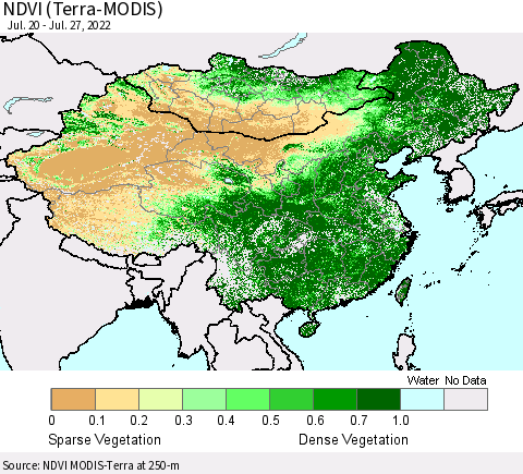 China, Mongolia and Taiwan NDVI (Terra-MODIS) Thematic Map For 7/20/2022 - 7/27/2022