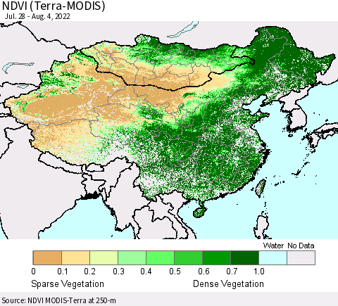 China, Mongolia and Taiwan NDVI (Terra-MODIS) Thematic Map For 7/28/2022 - 8/4/2022