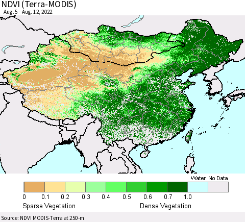 China, Mongolia and Taiwan NDVI (Terra-MODIS) Thematic Map For 8/5/2022 - 8/12/2022