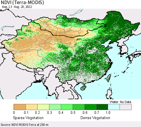 China, Mongolia and Taiwan NDVI (Terra-MODIS) Thematic Map For 8/13/2022 - 8/20/2022
