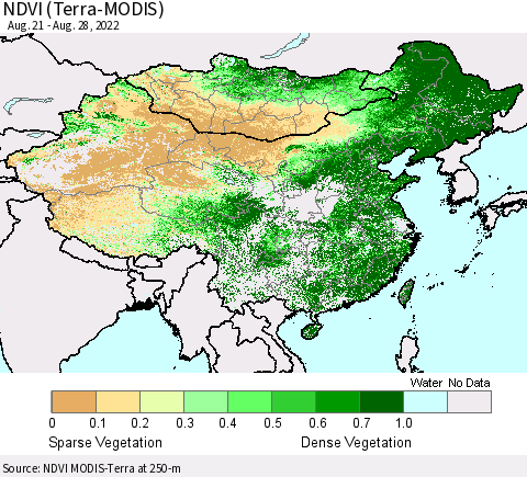 China, Mongolia and Taiwan NDVI (Terra-MODIS) Thematic Map For 8/21/2022 - 8/28/2022