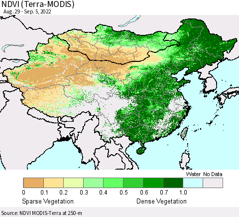 China, Mongolia and Taiwan NDVI (Terra-MODIS) Thematic Map For 8/29/2022 - 9/5/2022