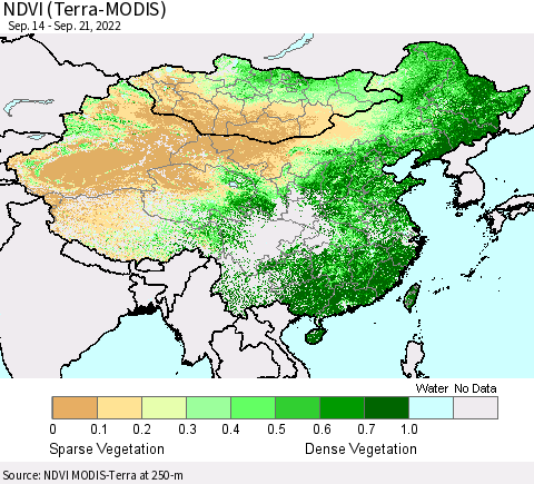 China, Mongolia and Taiwan NDVI (Terra-MODIS) Thematic Map For 9/14/2022 - 9/21/2022