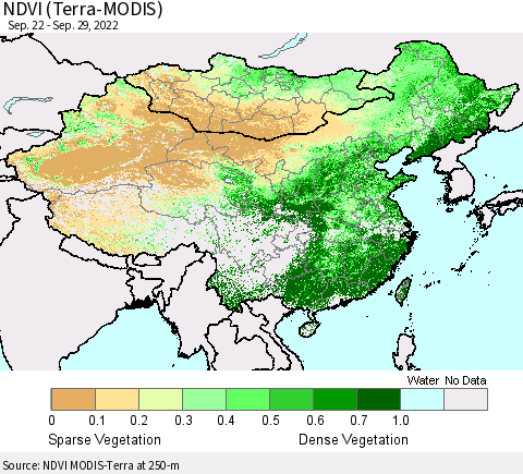 China, Mongolia and Taiwan NDVI (Terra-MODIS) Thematic Map For 9/22/2022 - 9/29/2022