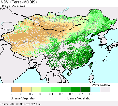 China, Mongolia and Taiwan NDVI (Terra-MODIS) Thematic Map For 9/30/2022 - 10/7/2022