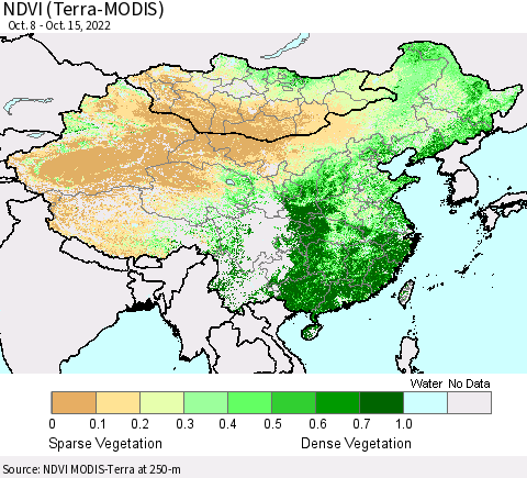 China, Mongolia and Taiwan NDVI (Terra-MODIS) Thematic Map For 10/8/2022 - 10/15/2022