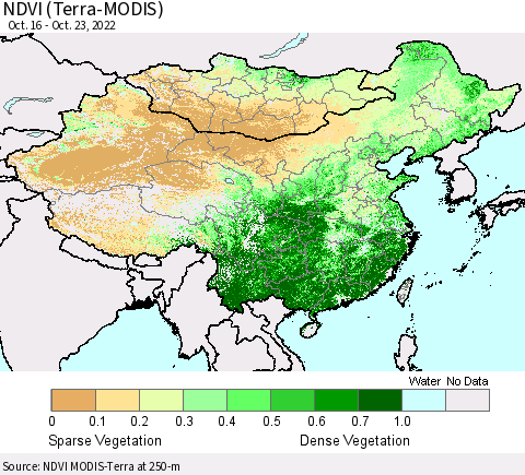China, Mongolia and Taiwan NDVI (Terra-MODIS) Thematic Map For 10/16/2022 - 10/23/2022