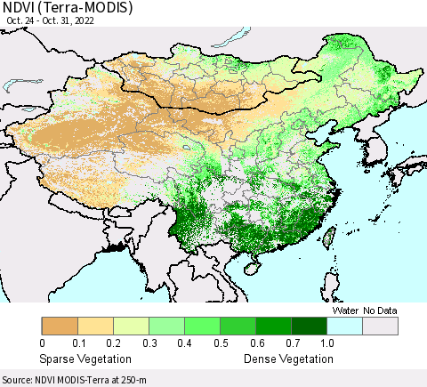 China, Mongolia and Taiwan NDVI (Terra-MODIS) Thematic Map For 10/24/2022 - 10/31/2022