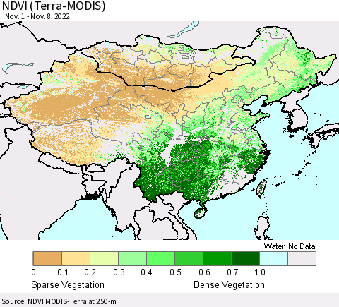 China, Mongolia and Taiwan NDVI (Terra-MODIS) Thematic Map For 11/1/2022 - 11/8/2022