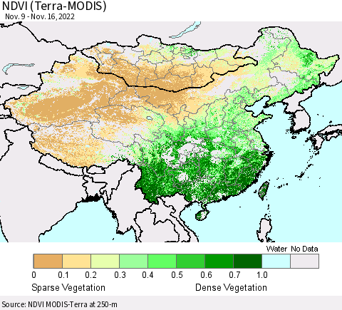 China, Mongolia and Taiwan NDVI (Terra-MODIS) Thematic Map For 11/9/2022 - 11/16/2022
