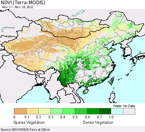 China, Mongolia and Taiwan NDVI (Terra-MODIS) Thematic Map For 11/17/2022 - 11/24/2022