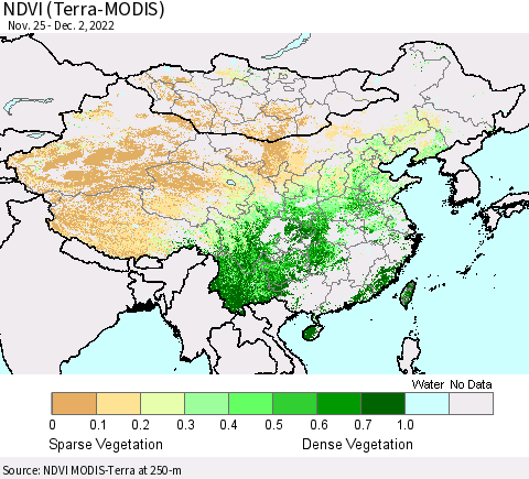 China, Mongolia and Taiwan NDVI (Terra-MODIS) Thematic Map For 11/25/2022 - 12/2/2022