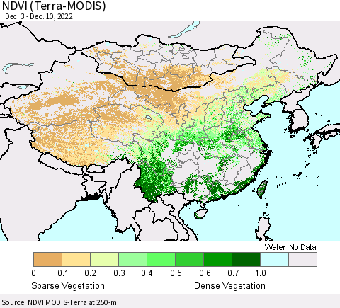 China, Mongolia and Taiwan NDVI (Terra-MODIS) Thematic Map For 12/3/2022 - 12/10/2022