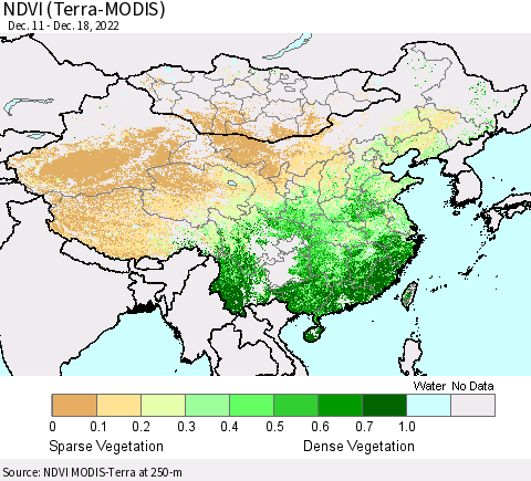 China, Mongolia and Taiwan NDVI (Terra-MODIS) Thematic Map For 12/11/2022 - 12/18/2022