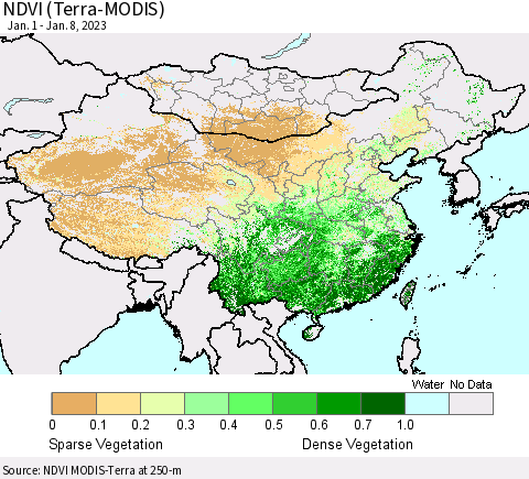 China, Mongolia and Taiwan NDVI (Terra-MODIS) Thematic Map For 1/1/2023 - 1/8/2023