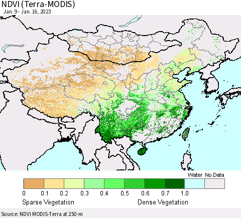 China, Mongolia and Taiwan NDVI (Terra-MODIS) Thematic Map For 1/9/2023 - 1/16/2023