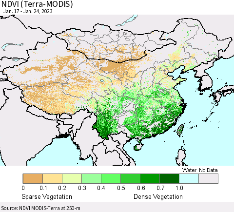 China, Mongolia and Taiwan NDVI (Terra-MODIS) Thematic Map For 1/17/2023 - 1/24/2023