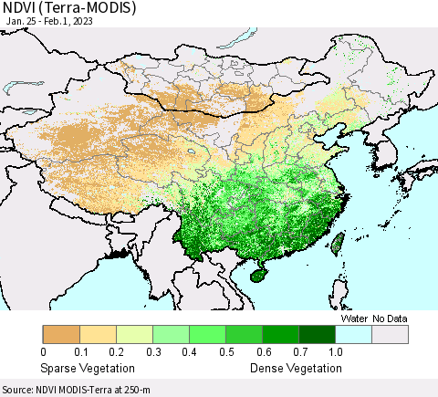 China, Mongolia and Taiwan NDVI (Terra-MODIS) Thematic Map For 1/25/2023 - 2/1/2023