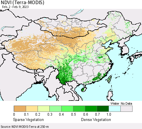 China, Mongolia and Taiwan NDVI (Terra-MODIS) Thematic Map For 2/2/2023 - 2/9/2023