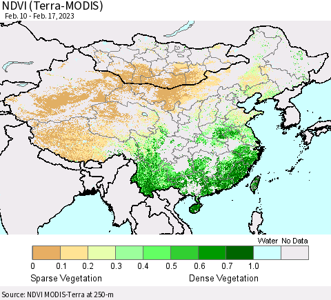 China, Mongolia and Taiwan NDVI (Terra-MODIS) Thematic Map For 2/10/2023 - 2/17/2023