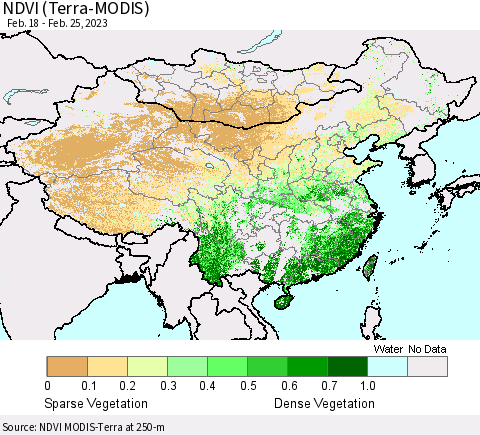 China, Mongolia and Taiwan NDVI (Terra-MODIS) Thematic Map For 2/18/2023 - 2/25/2023