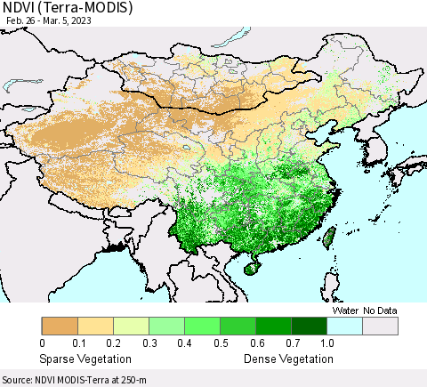 China, Mongolia and Taiwan NDVI (Terra-MODIS) Thematic Map For 2/26/2023 - 3/5/2023