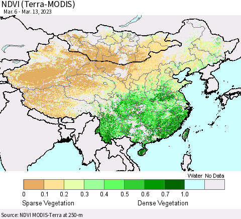 China, Mongolia and Taiwan NDVI (Terra-MODIS) Thematic Map For 3/6/2023 - 3/13/2023