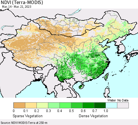 China, Mongolia and Taiwan NDVI (Terra-MODIS) Thematic Map For 3/14/2023 - 3/21/2023