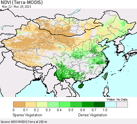 China, Mongolia and Taiwan NDVI (Terra-MODIS) Thematic Map For 3/22/2023 - 3/29/2023