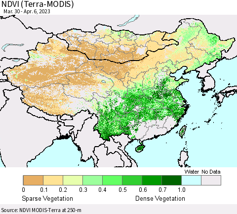 China, Mongolia and Taiwan NDVI (Terra-MODIS) Thematic Map For 3/30/2023 - 4/6/2023