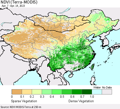 China, Mongolia and Taiwan NDVI (Terra-MODIS) Thematic Map For 4/7/2023 - 4/14/2023