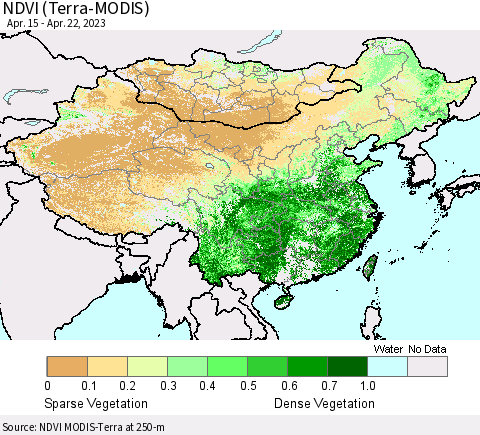 China, Mongolia and Taiwan NDVI (Terra-MODIS) Thematic Map For 4/15/2023 - 4/22/2023
