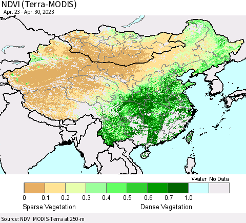 China, Mongolia and Taiwan NDVI (Terra-MODIS) Thematic Map For 4/23/2023 - 4/30/2023