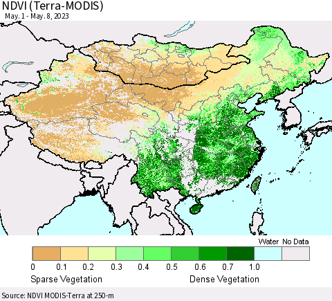 China, Mongolia and Taiwan NDVI (Terra-MODIS) Thematic Map For 5/1/2023 - 5/8/2023
