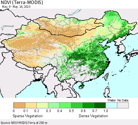 China, Mongolia and Taiwan NDVI (Terra-MODIS) Thematic Map For 5/9/2023 - 5/16/2023